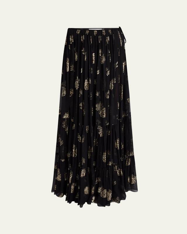 Long Metallic Roses Lacquard Skirt